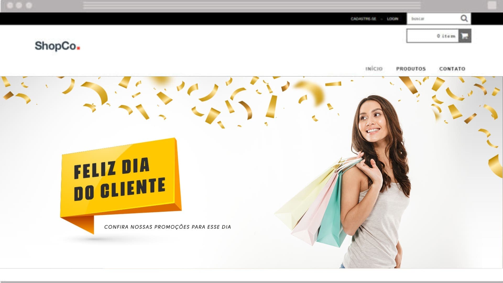 mockup do banner dia do cliente e do banner feliz dia do cliente. Mulher segurando compras, papel picado na imagem para celebrar e feliz dia do cliente