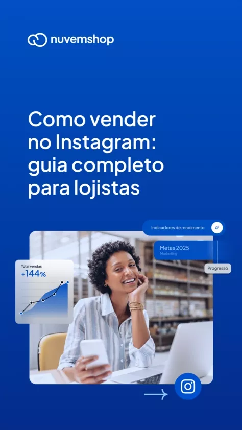Capa do e-book de como vender pelo Instagram, mostrando uma pessoa segurando um smartphone enquanto gráficos mostram o crescimento da loja virtual.