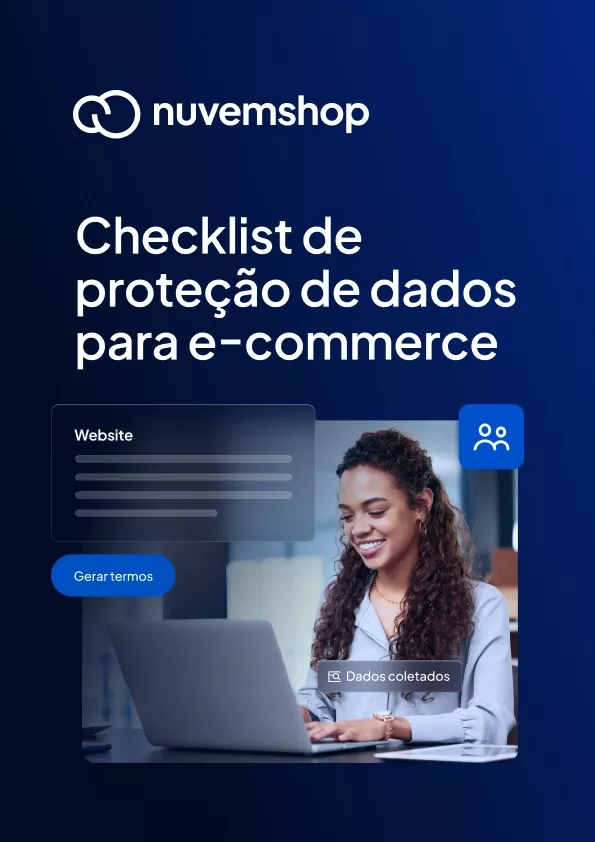 Mulher de frente para o seu notebook enquanto palavras relacionadas à LGPD aparecem ao redor, representando como criar estratégias de proteção de dados para e-commerce.